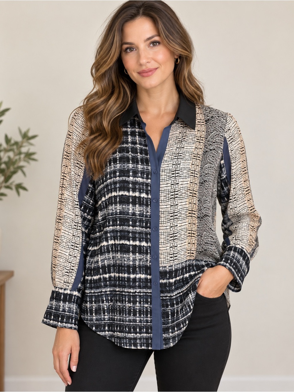 NIC+ZOE NWT Size Large Mixed Print Button Down Blouse